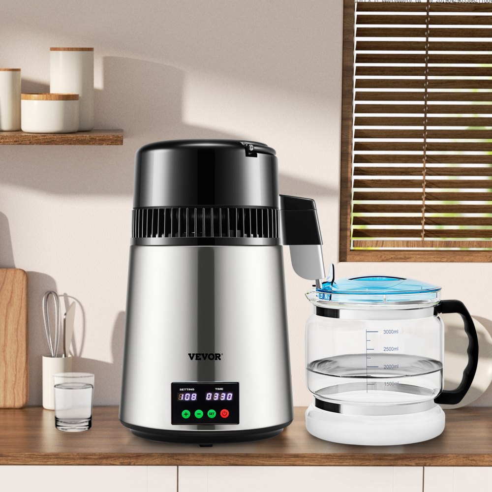 Water Distiller 1L/H Household Silver Water Distiller Make Distilled Water 750W, Double Screen Stainless Steel Distiller System with Glass Jug Distill Pure Water