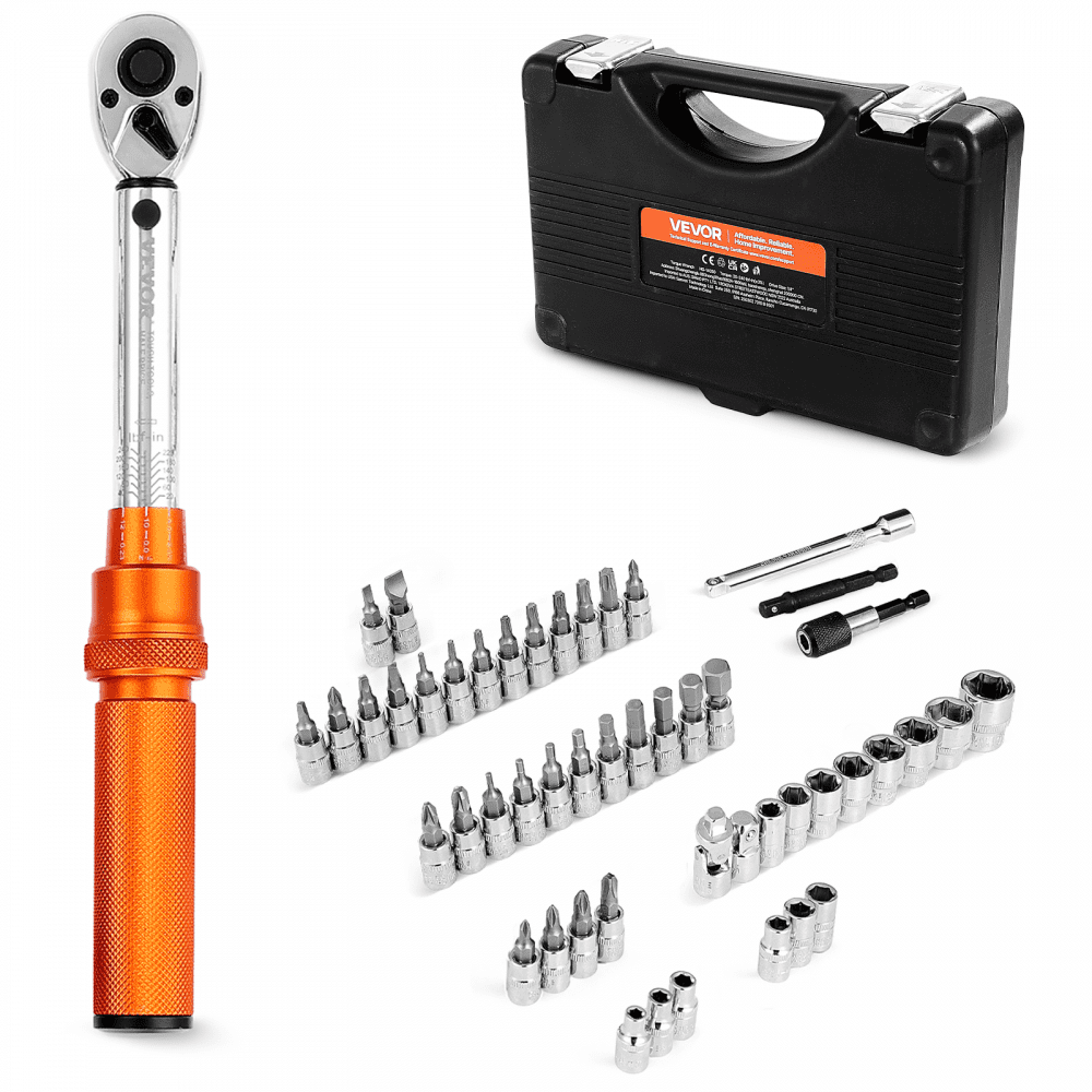 Clé dynamométrique à clic 1/4" 2,3-27,1 Nm Clé dynamométrique bidirectionnelle avec barres d'extension et foret 72 dents ± 3 % haute précision pour réparation automobile Orange