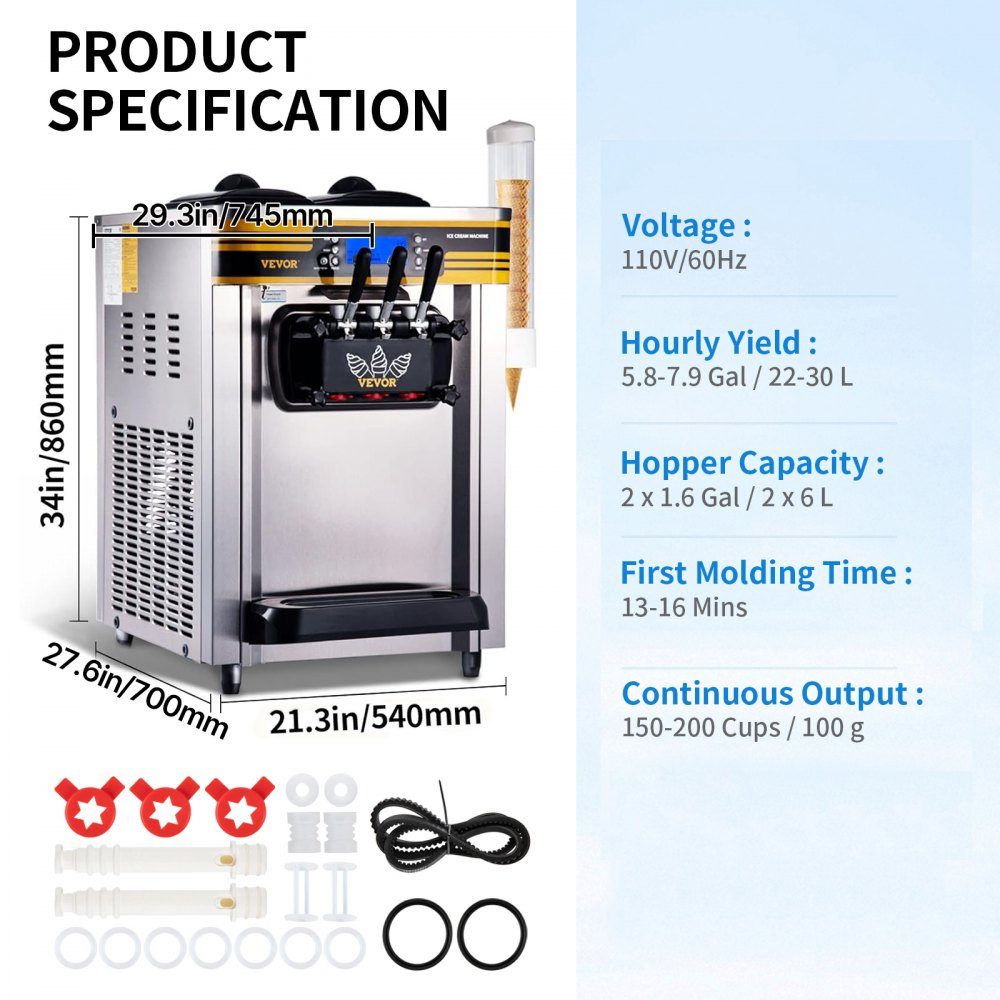 Commerciële softijsmachine 22-30L/u, professionele ijsmachine met LCD-display, 3 smaken, roestvrijstalen trechter, desktopontwerp voor catering en commercieel gebruik