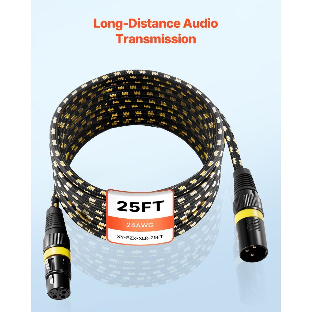 XLR-Kabel, 7,6 m, 6 Stück, abgeschirmte, symmetrische DMX-Mikrofonkabel (Stecker auf Buchse), vergoldete 3-polige XLR-Mikrofon-Lautsprecherkabel für Bühnenbeleuchtung, Mikrofone, Verstärker