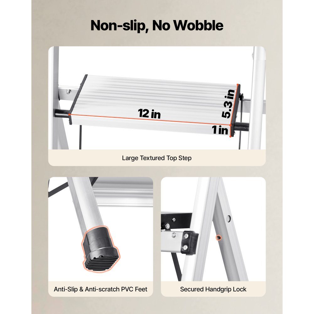 Step Ladder 5 Steps, Folding Ladder with Anti-Slip Steps & Comfortable Handle, Household Ladder Load Capacity 150kg, Aluminum Safety Ladder for Kitchen, Warehouse, Home & Office, Silver