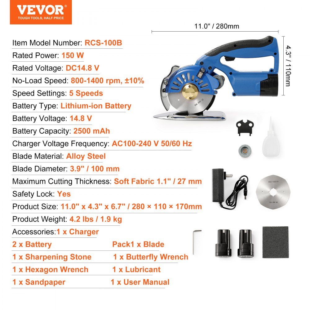 Portable Fabric Cutter 150W Electric Industrial Fabric Cutter Blade Size: 100mm Maximum Cutting Thickness: 27mm Cordless Fabric Scissors Made of Alloy Steel Ideal for Fabric, Cloth, etc