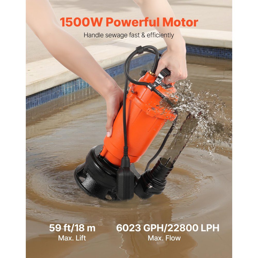 1500W Tauchpumpe, 22800l/h, Schmutzwasserpumpe aus Gusseisen mit automatischem Schwimmerschalter, 18m Förderhöhe, zum Abpumpen von Schmutzwasser, für Pools, Teiche & überschwemmte Gebiete