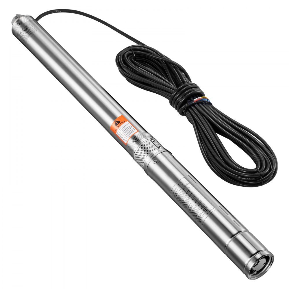 Deep well pump, 750W input power, 65L/min flow, 64m head, with 20m cable, external control box, stainless steel water pump, for industrial irrigation and home use, IP68