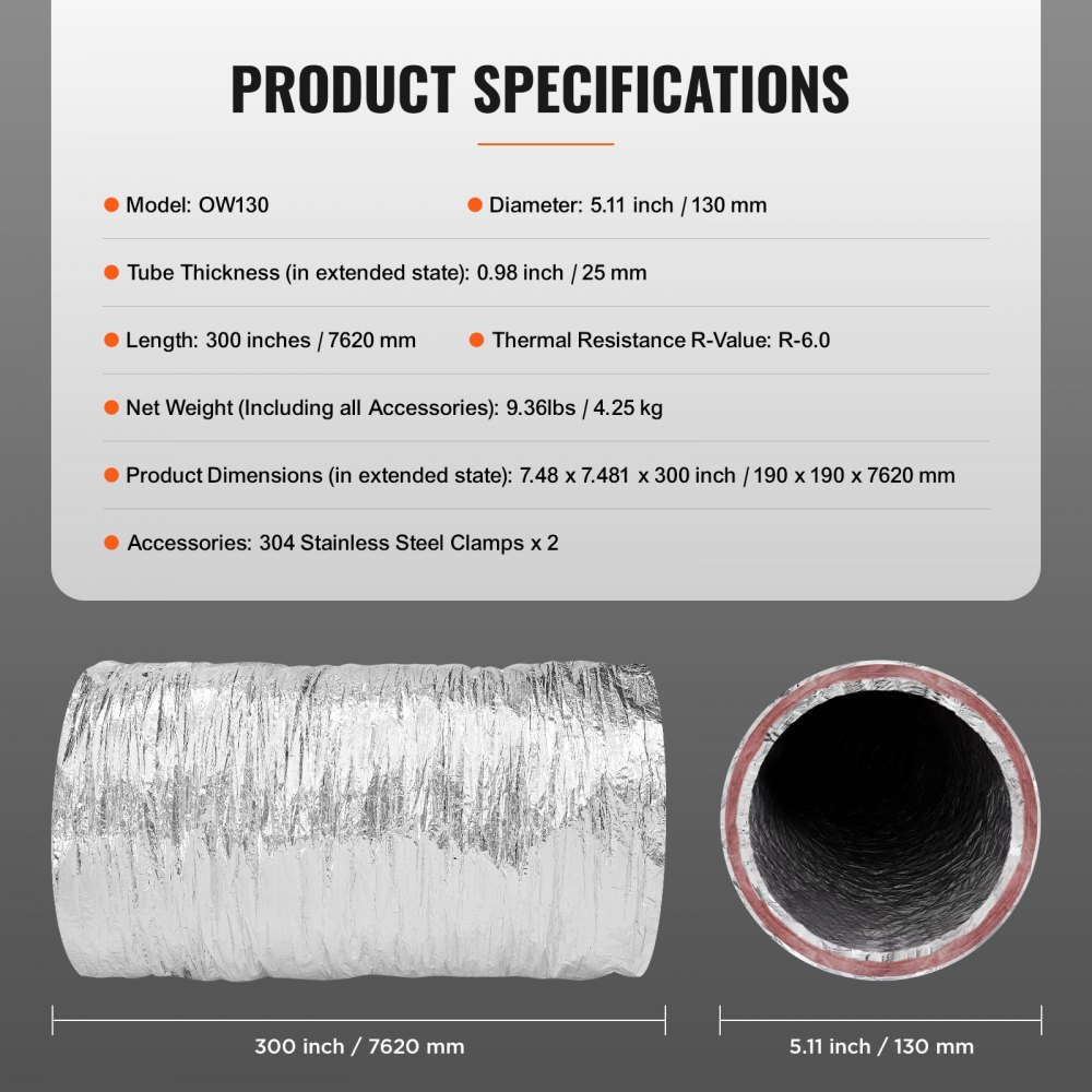 Aluminium-Flexschlauch 7620 mm langer Lüftungsschlauch Φ130 mm Aluminium-Flexrohr-Luftkanal R-6 Wärmewiderstandswert 25 mm Rohrdicke Aluminiumrohrschlauch Owens Corning Isolierwolle-Luftkanäle