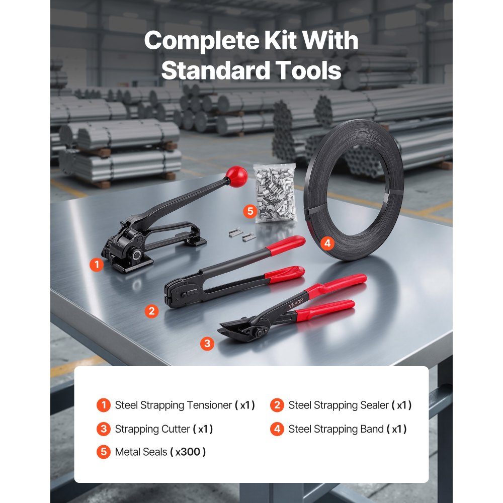 5 piece steel strapping set, manual strapping tool with 183m metal strap, 300 metal clamps and cutters, perfect workshop equipment for industrial packaging, transport and storage