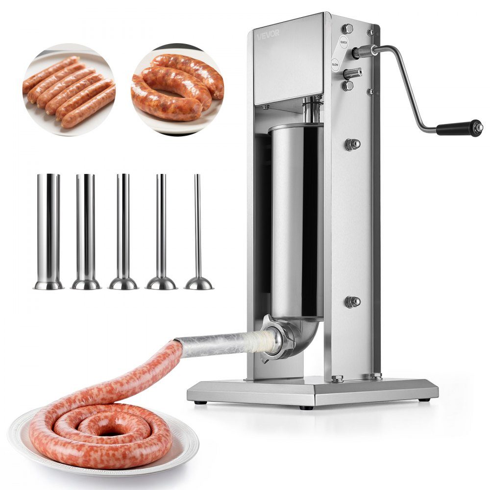 Manueller Wurstfüller 5L Vertikale Wurstfüllmaschine Fleischfüller mit 2 Geschwindigkeiten (schnell/langsam), Hochleistungs-Edelstahlfüller mit 5 Wurstfüllrohren, Fleischfüllung