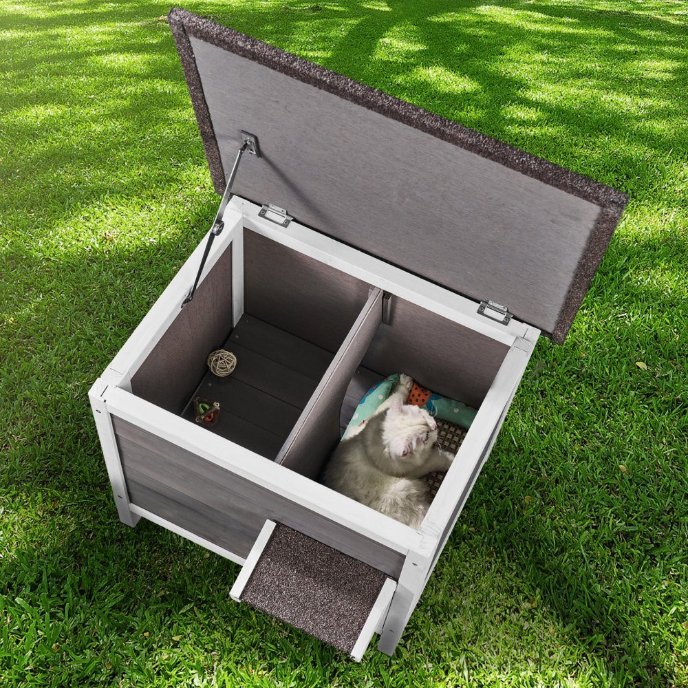 Outdoor Cat House Weatherproof Wild Cat Shelter for Multiple Cats Outdoor Wooden Cat Rabbit House Fully Foam Insulated Open Roof PVC Door Flaps 61 x 50 x 53 cm (L x W x H)