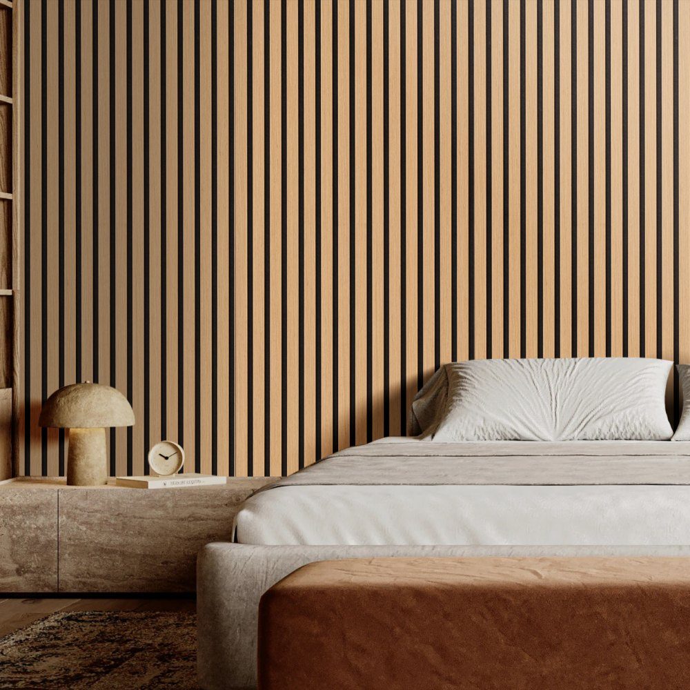 Acoustic Panels Acoustic Panels 2400x200mm MDF Accent Wooden Wall Panels for Modern Interior Wall Decoration Faux Wood Wall Panels for Noise Reduction Light Oak Set of 4