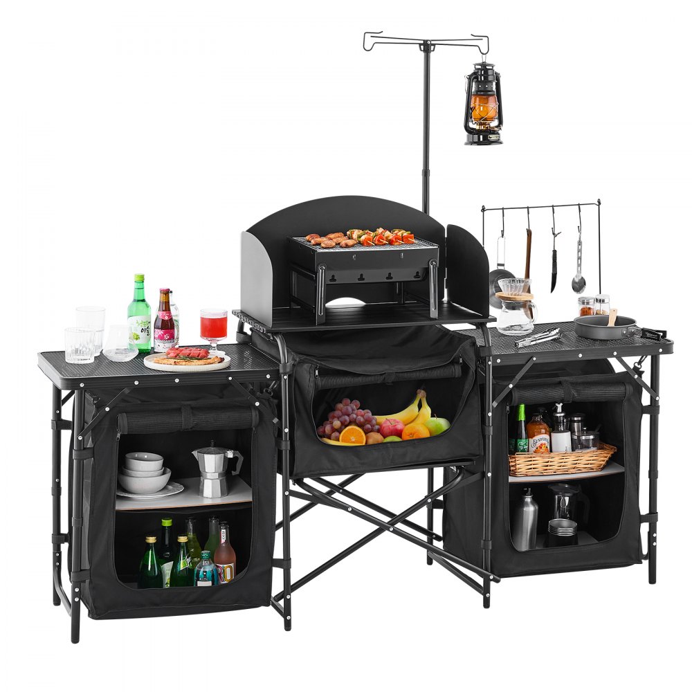 Camping-Küchentisch, Outdoor-Kochtisch, tragbare Aluminium-Kochstation mit 3 Aufbewahrungsschränken und Tragetasche sowie abnehmbarer Windschutzscheibe, für Grillpartys, Picknicks, Wohnmobil-Reisen, Schwarz