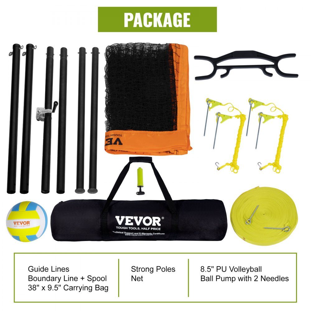 Volleyball Net Height Adjustable Volleyball Net Set, 9.7x2.4m Portable Beach Volleyball Net, Orange Volleyball Net, Foldable Volleyball Net with Volleyball & Carry Bag, for Garden, Beach