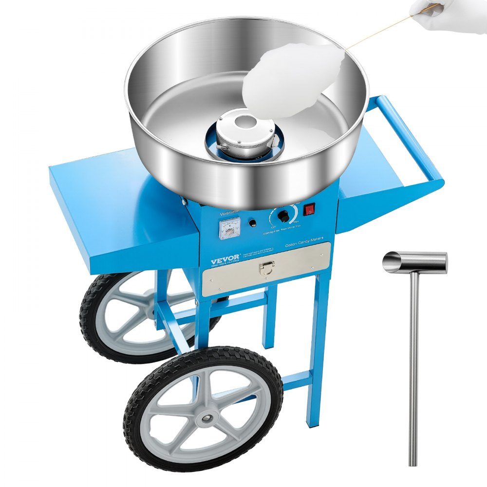 Machine à barbe à papa électrique, machine à barbe à papa commerciale avec chariot (1000 W), avec bol en acier inoxydable de 52 cm, cuillère à sucre et tiroir, parfaite pour les anniversaires d'enfants, les réunions de famille, bleu
