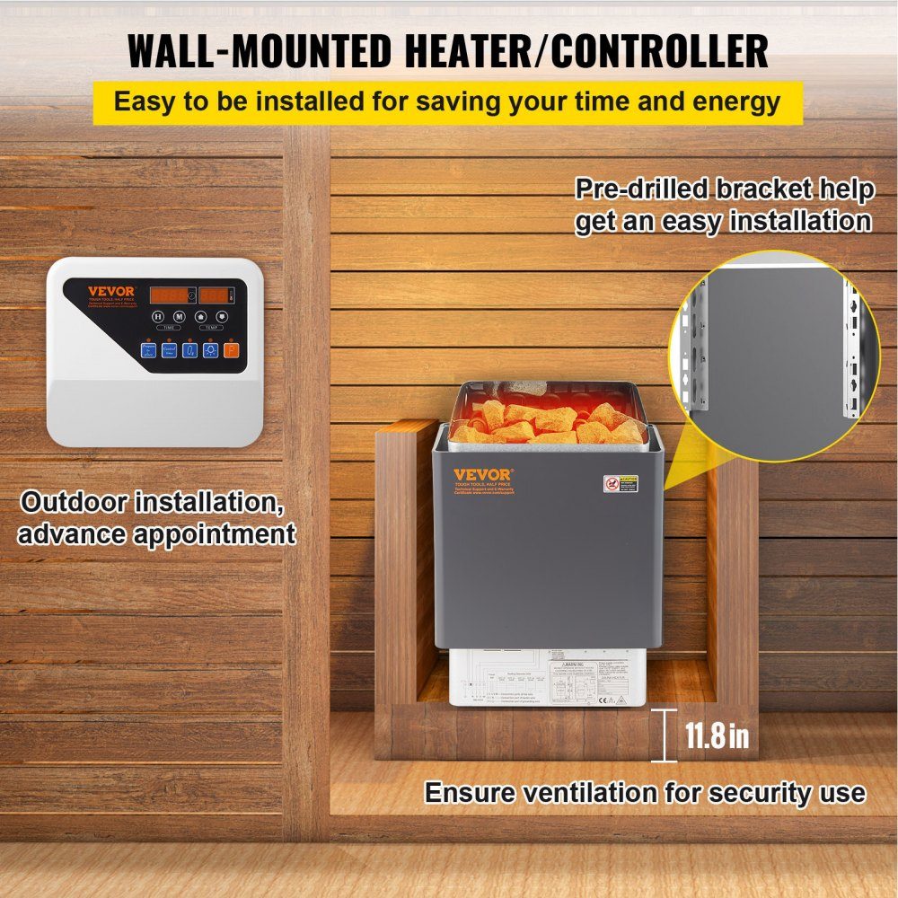 Saunaofen 9 KW, Sauna-Elektroherd 380 V – 415 V, Edelstahl-Saunaofen, elektrischer Saunaofen 2 Modi (Temperatur, Zeit), mit externem Steuergerät & 3M-Temperatursensor (Saunastein nicht im Lieferumfang enthalten)