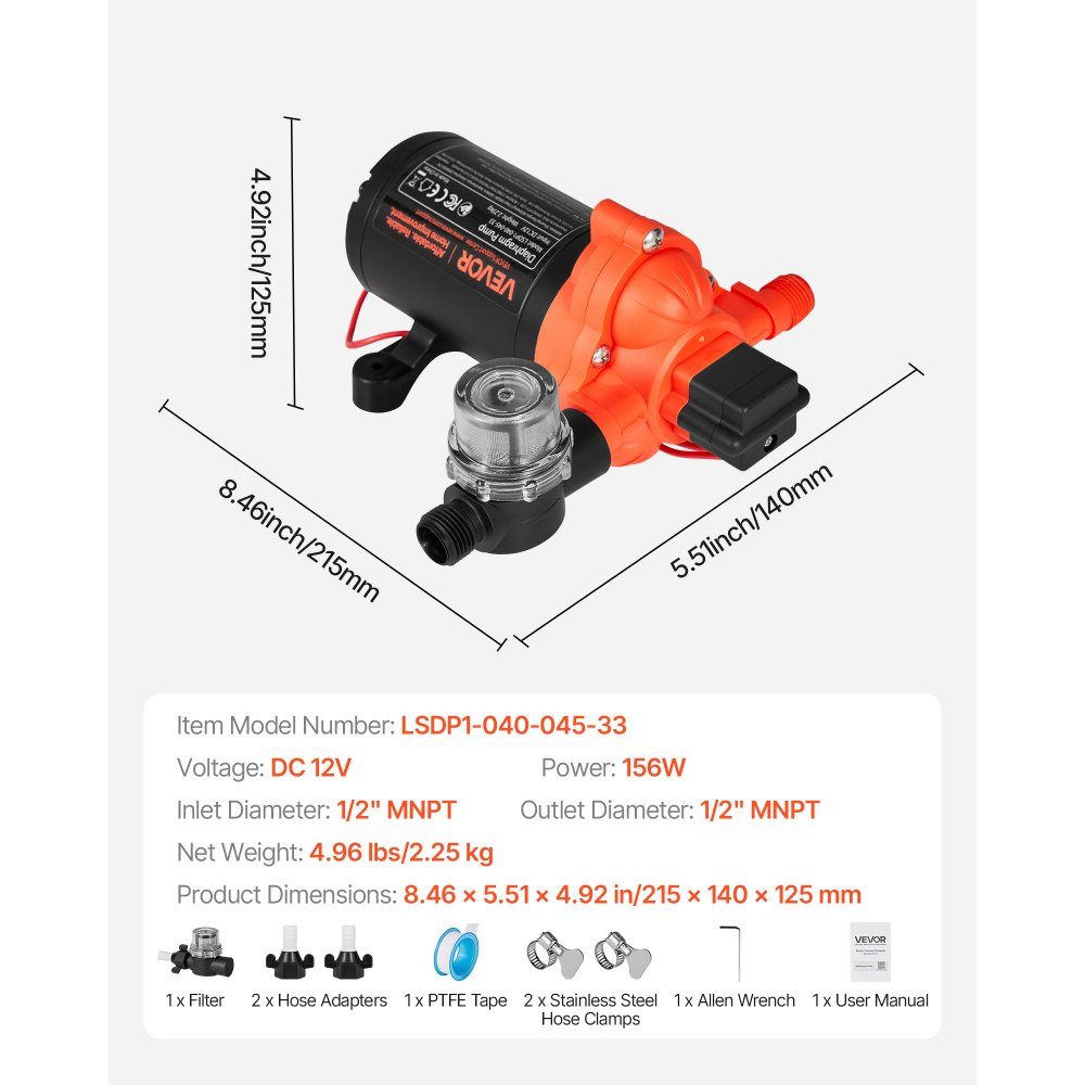 Diaphragm pump, 12V DC, 15.1L/min, self-priming 3-chamber diaphragm water pump with automatic pressure switch, 2.75 bar pressure for motorhome, caravan, ship, yacht, car wash