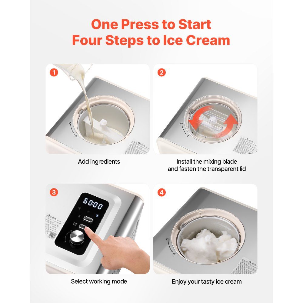Automatic Ice Cream Maker 2 QT with Built-in Compressor (150W), No Prefreezing, Ice Cream Maker with 3 Modes, Electric Ice Cream Maker, Frozen Sorbet Machine for Home Kitchen