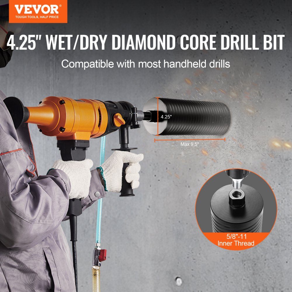 Diamond Core Drill, 108mm Wet/Dry Diamond Core Drill for Bricks and Blocks, Concrete Core Drill with Guide Drill and Saw Blade, 241.3mm Drilling Depth, 5/8"-11 Female Thread