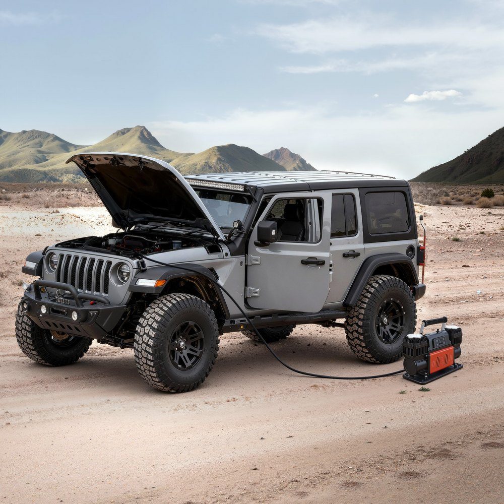Air Compressor Dual Cylinder 300L/min Auto Shut-off Tire Inflator 12V 10.3bar Off-Road Air Pump with LCD Digital Display and Adapters for Trucks, Cars, SUVs, SUVs and RVs