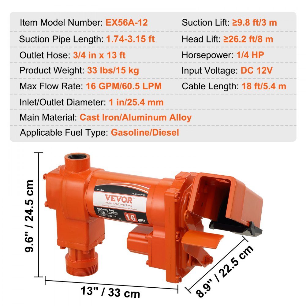 Brandstofopvoerpomp, 12 V DC, 60,5 l/min, 1/4 pk, benzinezuigpomp met mondstuk, uitlaatslang en zuigleiding voor benzine, diesel, kerosine, ethanol en methanolmengsels en biodiesel