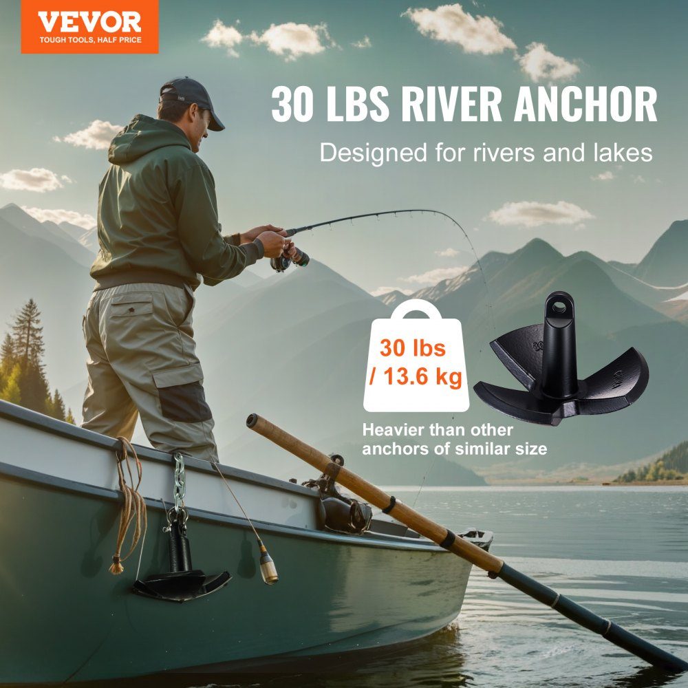 River Anchor Cast Iron Boat Anchor with Black Vinyl Coating 30 lbs, Marine Grade Mushroom Anchor for Boats up to 30 Feet, Impressive Holding Power in Mud Bottom Rivers and Lakes