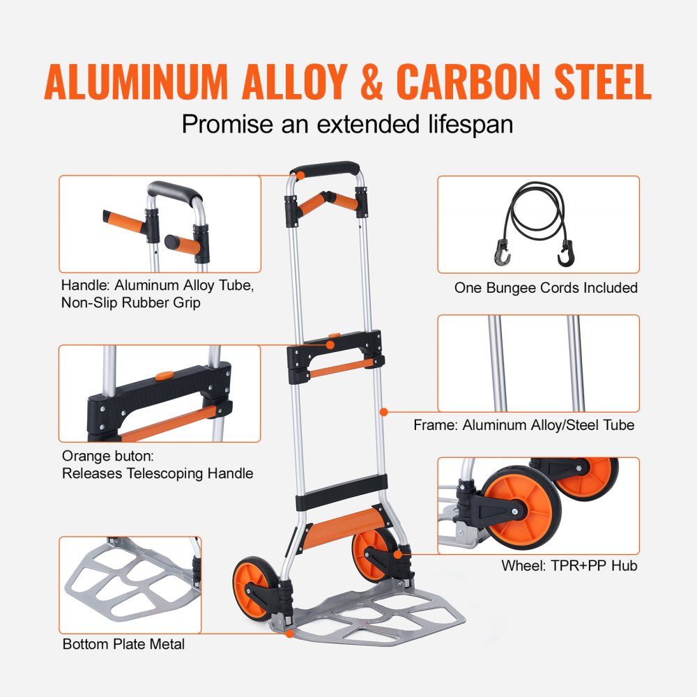 Folding Sack Truck 140kg Aluminum Alloy Plastic Transport Trolley Stacking Trolley with Adjustable Handle 900-1109mm Foldable Trolley with Tension Rope Included Compact Size for Storage