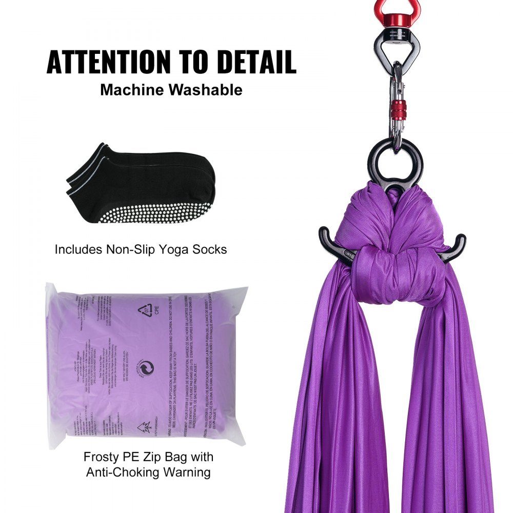 Aerial Yoga Hammock Set 8 x 2.8 m, Purple Aerial Yoga Swing Air Flies, Indoor Aerial Yoga Hammock Swing 1000 kg Max. Load Capacity, Includes Yoga Socks, Steel Carabiner and Aluminum Swivel