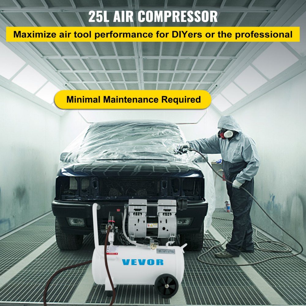 Whisper compressor 25 L, quiet oil-free compressor 750 W, oil-free air compressor 60 dB, compressed air compressor, quiet compressed air boiler 165 L/min exhaust air volume, with built-in exhaust fan