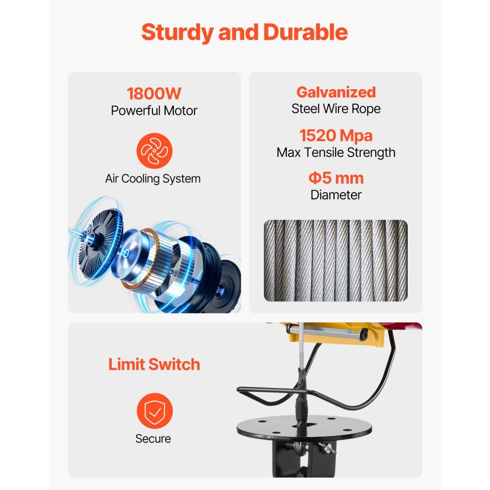 2 in 1 Electric Hoist Winch, 500kg Load Capacity, 1800W Portable Winch, 30m Lifting Height, 11m/min with Cable and Wireless Remote Control, for Garage, Warehouse, Factory, Lifting and Towing Work