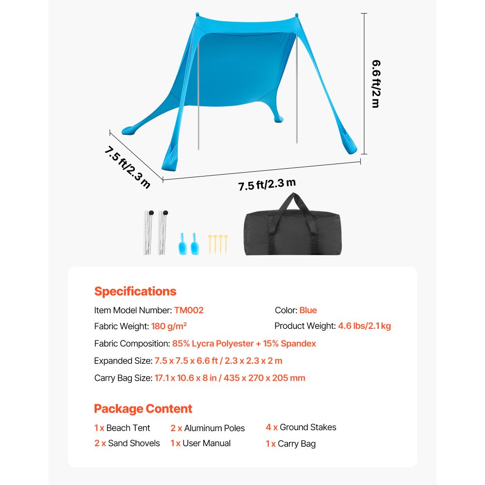 Tente de plage avec pare-soleil (UPF 50+) 2,3 x 2,3 x 2 m, abri de plage avec poteaux de support et pelles à sable, auvent portable pour les voyages en famille, le camping, la pêche, bleu Tente de plage avec pare-soleil (UPF 50+) 2,3 x 2,3 x 2 m, abri de plage avec poteaux de support et pelles à sable, auvent portable pour les voyages en famille, le camping, la pêche, bleu