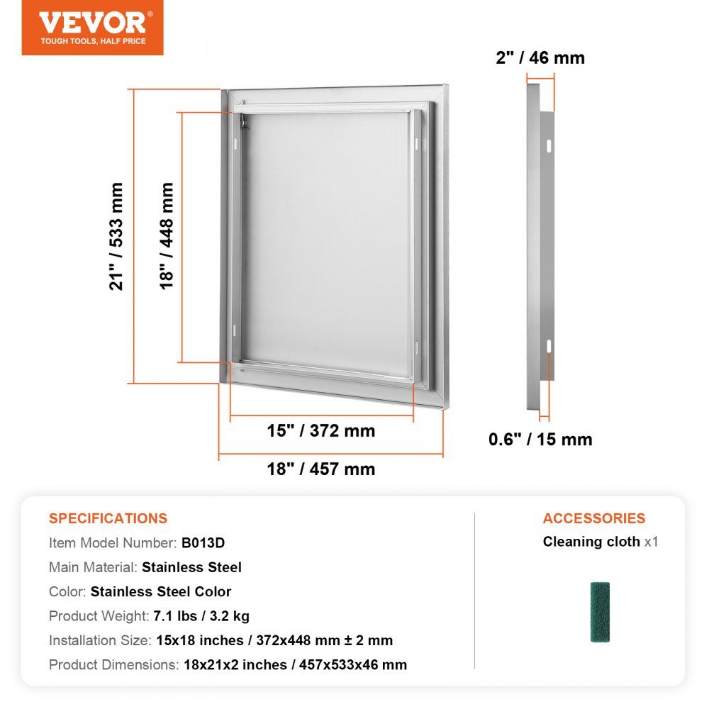 Porte d'accès au gril 457x533mm Porte de cuisine extérieure simple Porte encastrée en acier inoxydable Porte murale verticale avec poignée rétractable pour Grill Island Grill Station Armoire extérieure
