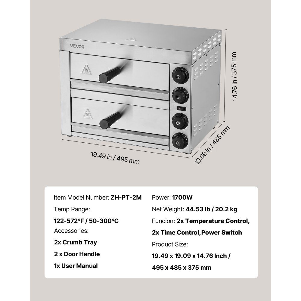 12" 1700W Electric Pizza Oven with temperature control and 0-60 minute timer, even baking technology and easy to clean crumb tray, ideal for commercial and residential kitchens