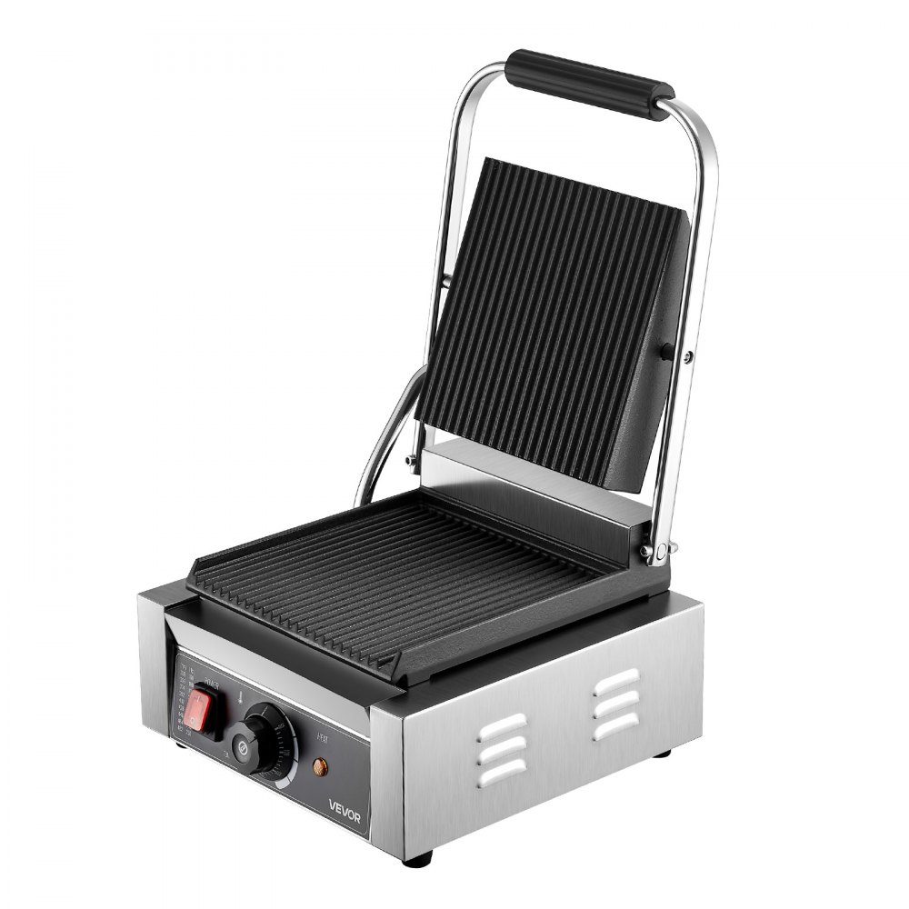 Commercial Panini Grill, Contact Grill 1800W, for Sandwiches, Steak, Bacon, Hamburgers, Sandwich Maker, Stainless Steel Press Grill with Handle & Temperature Controller & 22 x 23cm Heating Plate, Panini Press