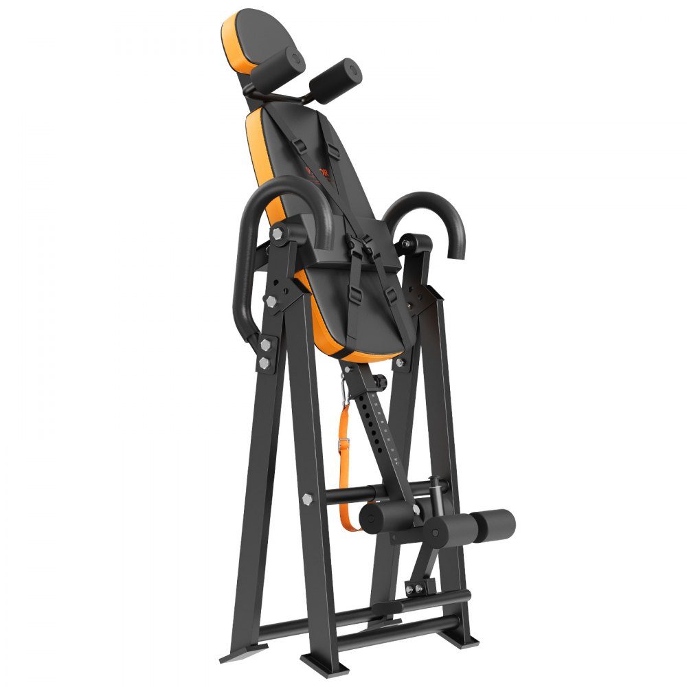 Inversion table, inversion bench, 136 kg load capacity, multifunctional back trainer, foldable strength training device with headrest, ankle lock, adjustable protective belt, orange/black
