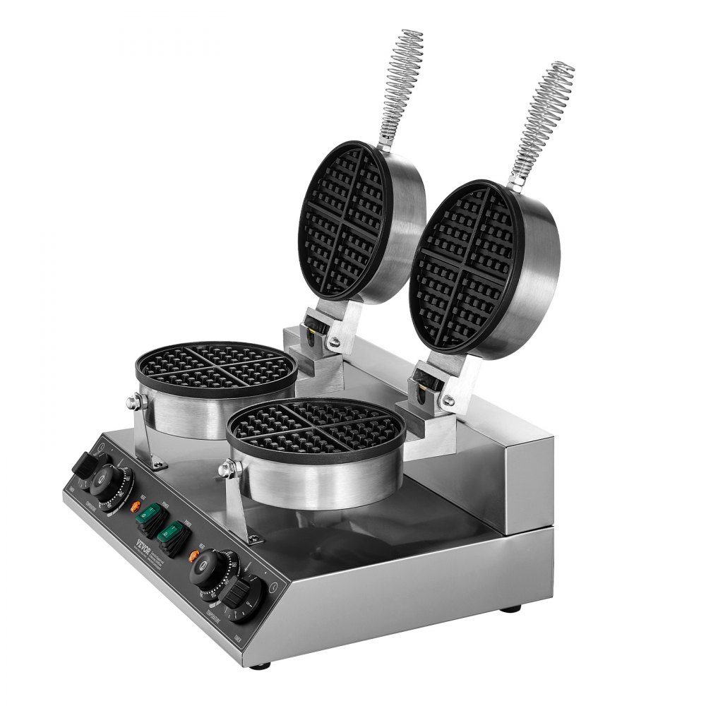 Kommerzielles rundes Waffeleisen mit Doppelkopf 2460 W, belgisches Waffeleisen mit antihaftbeschichteter Backoberfläche, Temperatur- und Zeitkontrolle, für Restaurant-Bäckerei-Snackbar
