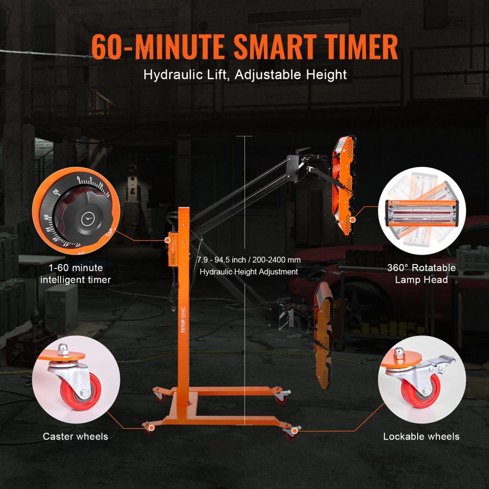 Infrared Curing Lamp, 3300W, 1-60 Min Time Setting, Automatic Curing Lamp with Auto Heater and Holder, 8.61 Square Feet Baking Area, Spray Bake Booth Heaters, Paint Dryer