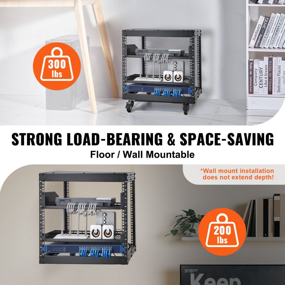 9U-Server-Rack mit offenem Rahmen, 23" bis 40" verstellbare Tiefe, freistehend oder an der Wand montiert, Netzwerk-Server-Rack mit 360°-Rädern, robuste 4-Pfosten-Halterung für alle Ihre Netzwerk-IT-Geräte, AV-Geräte und Router