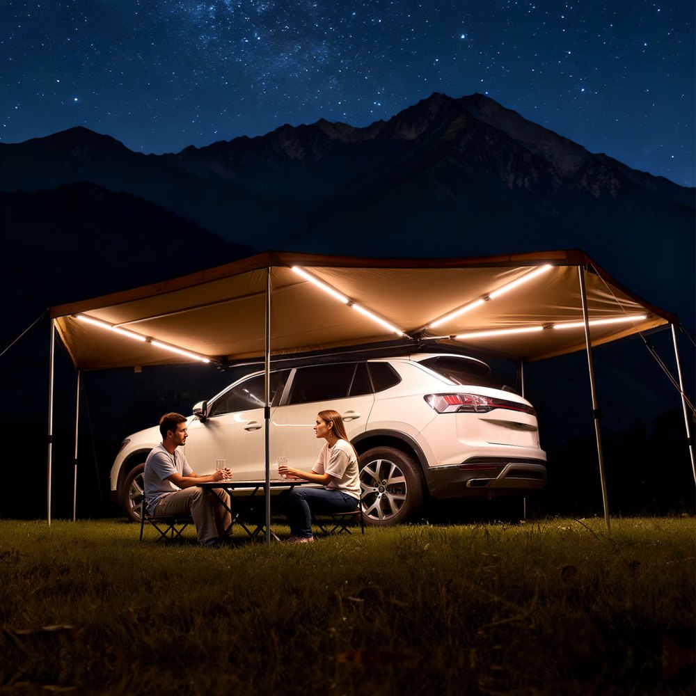 Auvent de voiture 5,7 m x 3,87 x 2,1 m, auvent 270° avec lumières LED intégrées, voile d'ombrage UV50+, auvent de voiture autoportant toutes saisons, pare-soleil pour SUV camion, idéal pour le camping Auvent de voiture 5,7 m x 3,87 x 2,1 m, auvent 270° avec lumières LED intégrées, voile d'ombrage UV50+, auvent de voiture autoportant toutes saisons, pare-soleil pour SUV camion, idéal pour le camping