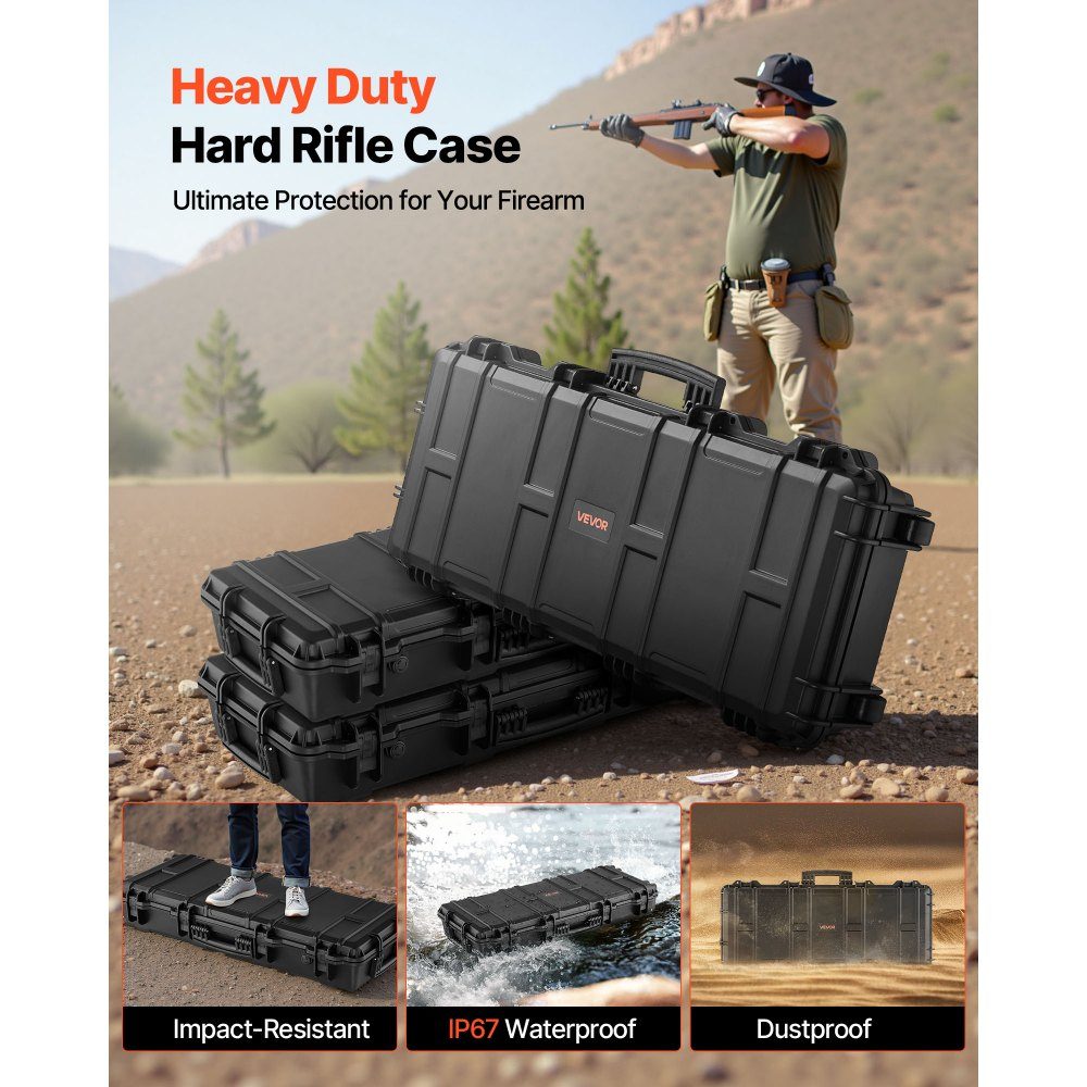 Gun case with hard shell for long guns, lockable gun case with pre-cut foam, long gun case, gun storage, rollable, IP67 waterproof, 97.8 x 42 x 17.3 cm black
