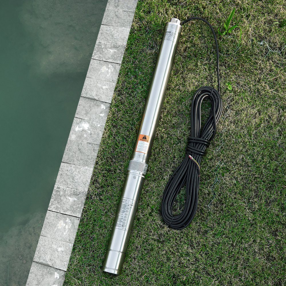 Deep well pump, 750W input power, 65L/min flow, 64m head, with 20m cable, external control box, stainless steel water pump, for industrial irrigation and home use, IP68
