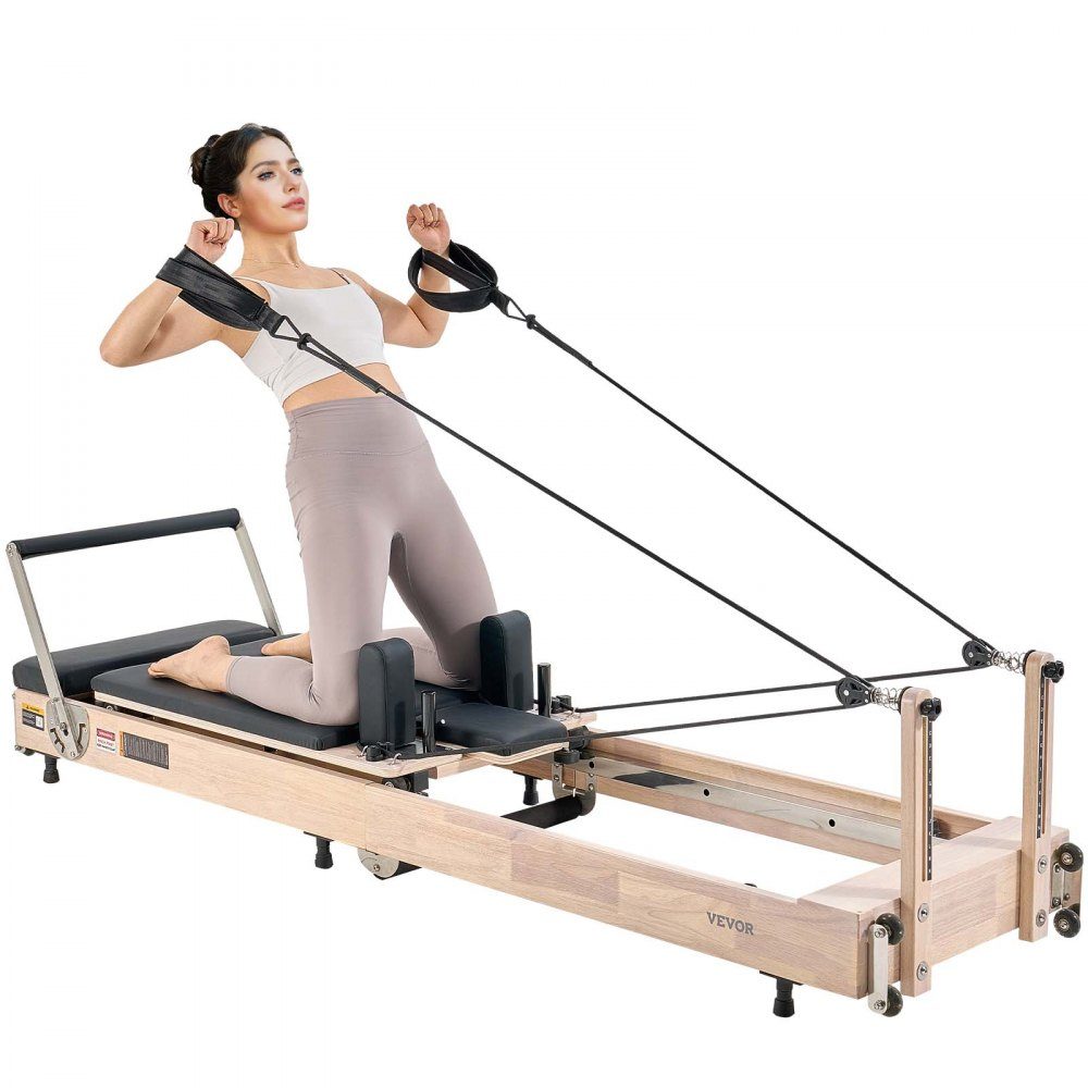 Zusammenklappbares Pilates-Reformer-Trainingsgerät aus Gummibaumholz für das Fitnessstudio zu Hause, Pilatesbett mit zwei Widerständen – Feder und Kordel, Ausrüstung mit Sitzbox, bis zu 400 Pfund