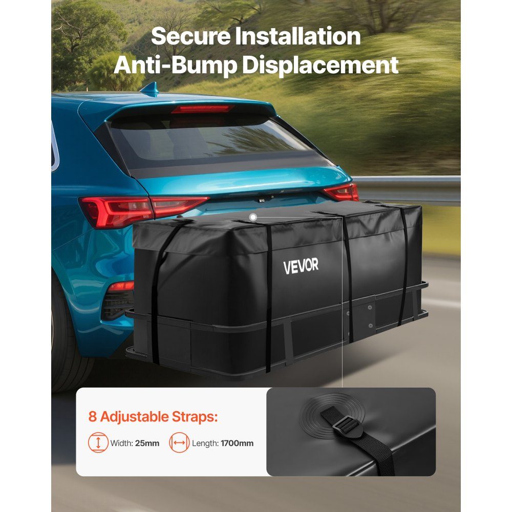 Bagagerektas voor trekhaak van waterdicht 840D PVC (0,566 m³), ​​bagagetas voor opslag achterin vrachtwagens met 8 versterkte riemen voor auto's SUV's zwart