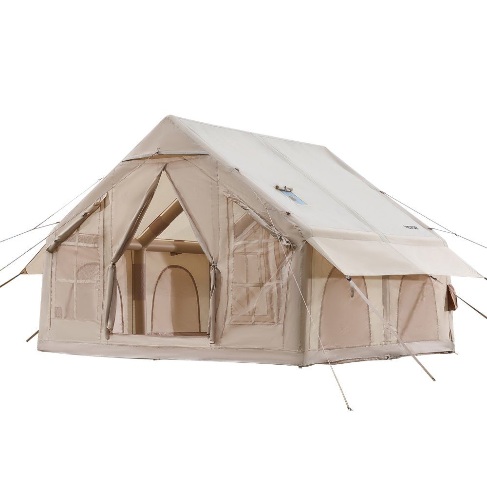 Opblaasbare kampeertenten 3 x 3 x 2,3 m 4-6 personen 300D Oxford 4-seizoenen glampingtent met handpomp, kachelaansluiting, 2 deuren en 4 gaasramen, inclusief opbergtas voor transport