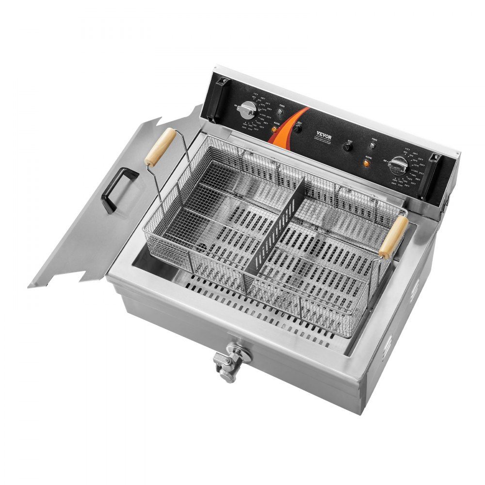 Commercial Deep Fryer, 2250W Electric Deep Fryer with Basket, 20L Large Capacity Countertop Oil Fryer, Stainless Steel, Temperature Control, for Kitchen Restaurant Use, Silver