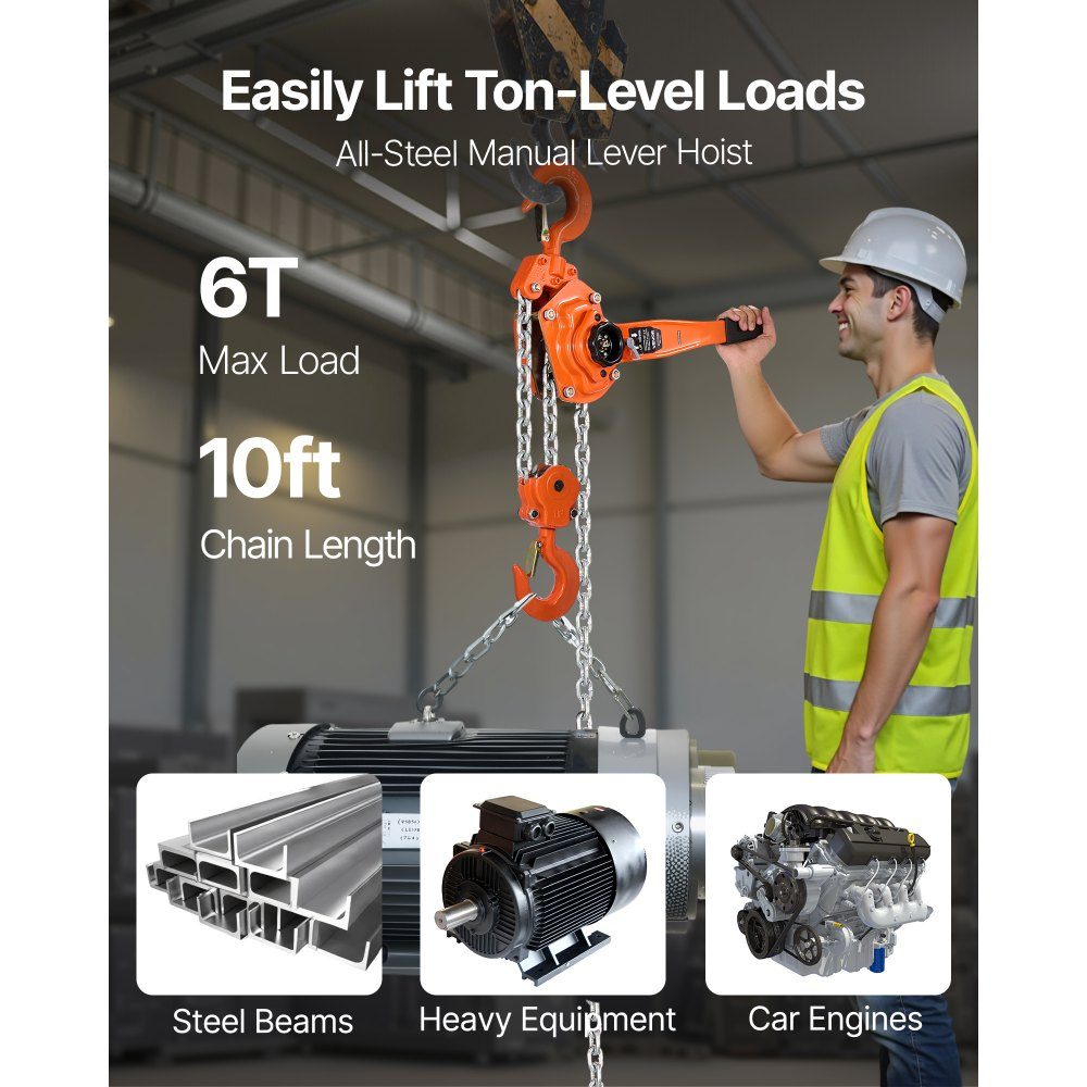 Lever Hoist, 6 Ton Capacity Hand Chain Hoist, 3m Hoist Hoist, G80 Alloy Steel Chain with Double Pawl Mechanical Brake, Ratchet Hoist, 360° Swivel Hooks for Warehouse Construction, Garage