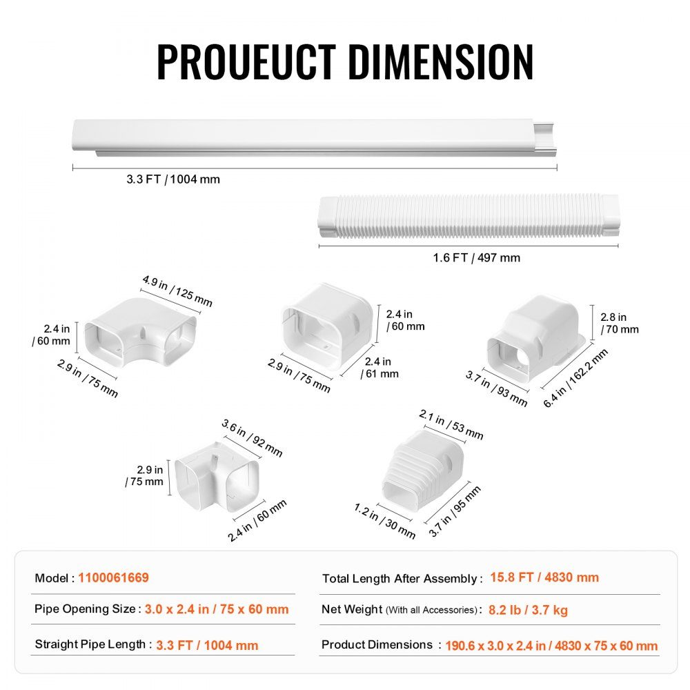 Mini Split Line Set Cover 76.2mm W 4830mm L Decorative PVC Pipe Cover for Air Conditioner with 4 Straight Ducts and Complete Components Paintable for Heat Pump White