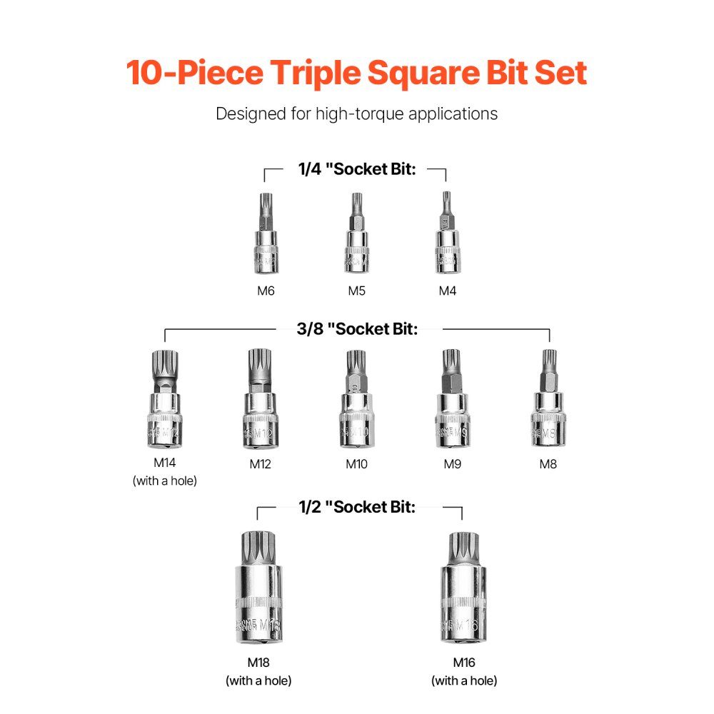 XZN 10pcs Triangle Spline Bit Socket Set M4-M18 High Quality Cr-V Steel 1/4" 3/8" 1/2" Drives with Improved Storage Case for Automotive Industry