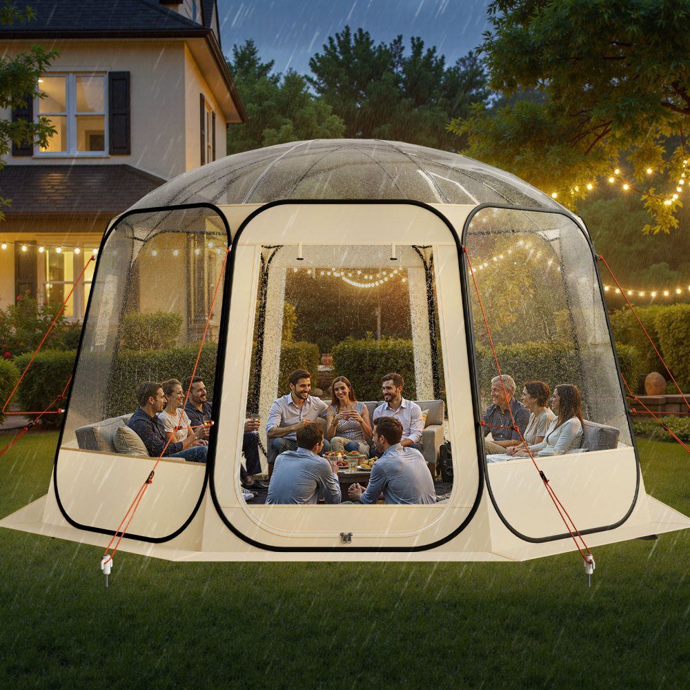 Pop-Up-Blasenzelt, 366 x 345 x 220 cm, transparentes Campingzelt, Gartenkuppel-Iglu-Zelt mit Fenstern, Sportzelt, 540°-Panoramablick für 10–12 Personen, Terrasse, Hinterhof