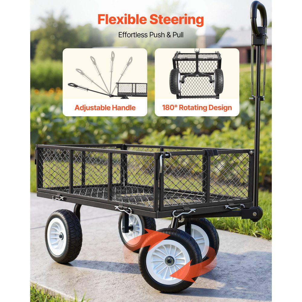Handcart 408.2 kg load capacity, garden cart with PU tires, transport cart with adjustable handle, removable side walls, handcart for attachment to ATV or tractor, black Handcart 408.2 kg load capacity, garden cart with PU tires, transport cart with adjustable handle, removable side walls, handcart for attachment to ATV or tractor, black