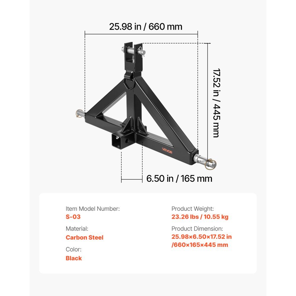 3 Point Tow Hitch with 2" Receiver Three Point Mount 3000lb Capacity Tractor Tow Hitch Adapter Compatible with Kubota, Mahindra, John Deere, Massey Ferguson – Part No. HT-22603