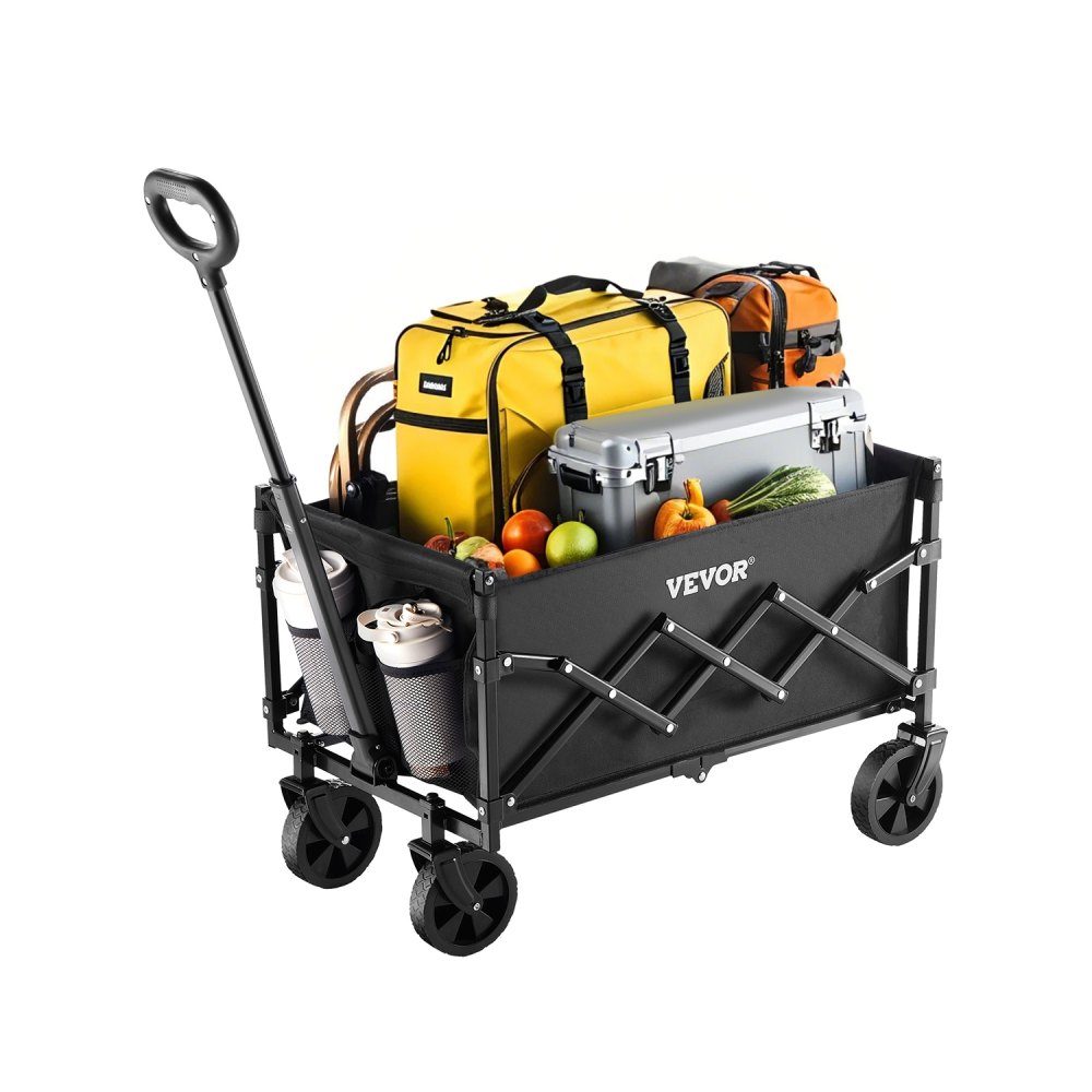 Chariot à bras 66 x 45 x 46 cm, 102 kg, chariot pliable avec roues tout-terrain, chariot utilitaire d'extérieur avec poignée réglable, chariot de camping pour plage, épicerie, jardin, noir