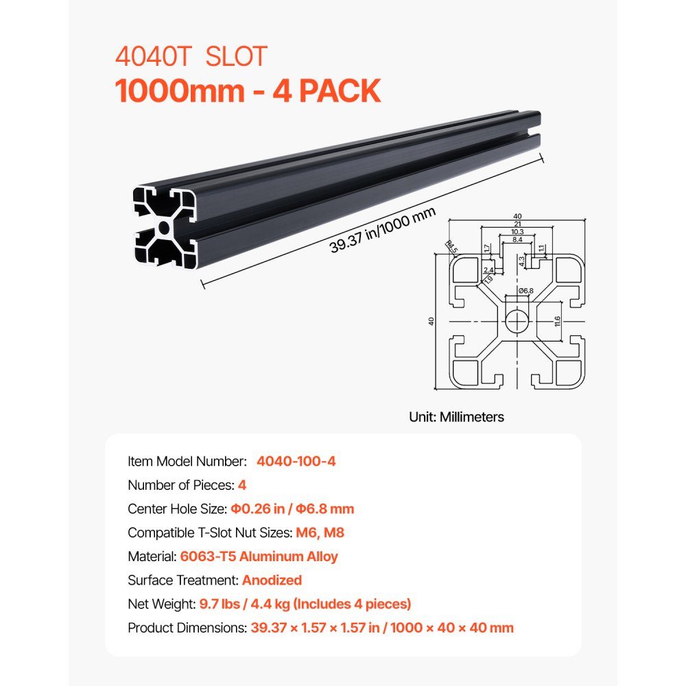 4 Pièces Profilés en Aluminium 1000mm T-slot 4040 Profilé en Aluminium, Rail Linéaire Anodisé Selon Les Normes Européennes, Profil de Rainure pour Imprimante 3D, Machine CNC DIY, Gravure Laser, Noir